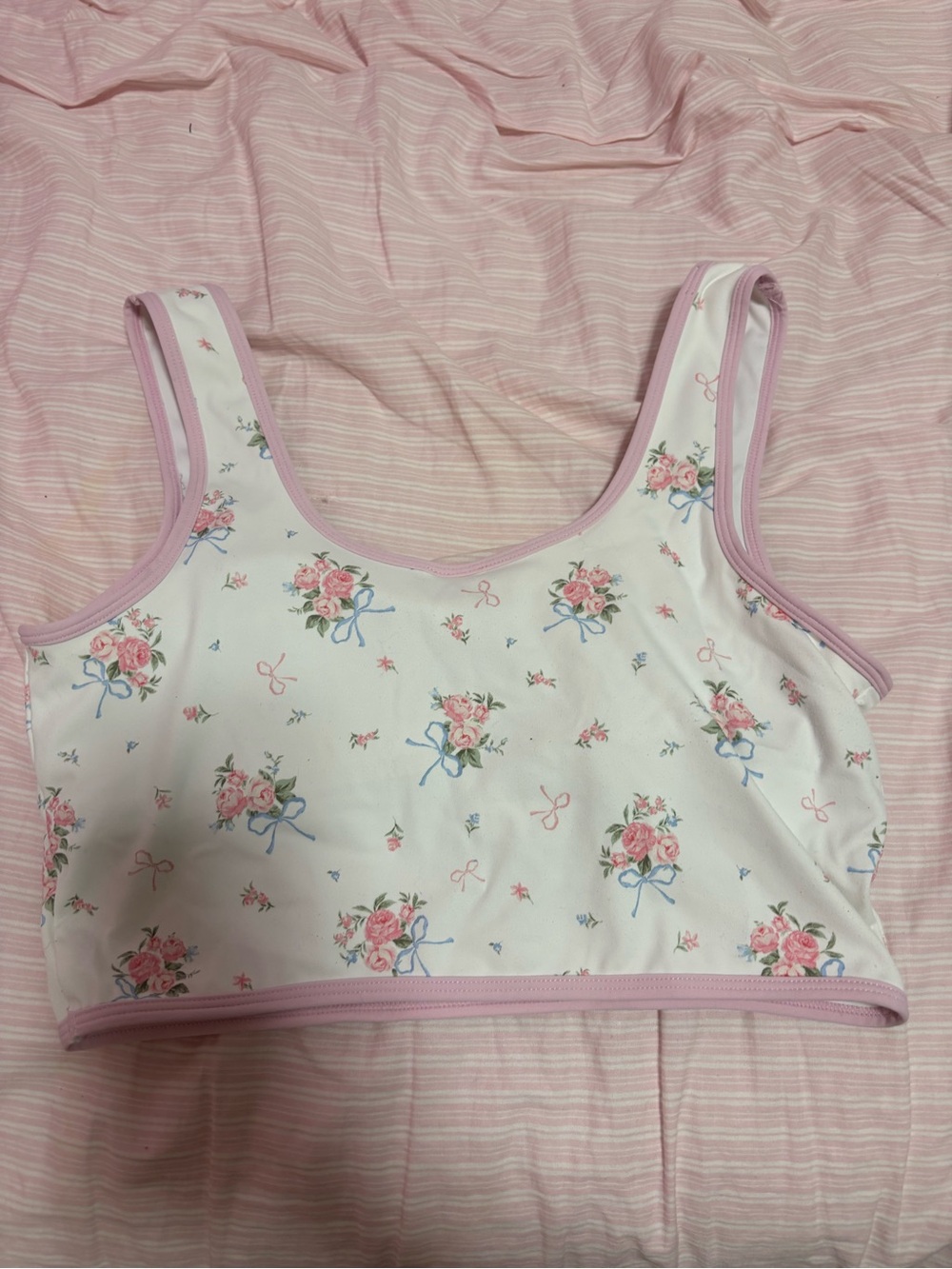 Altar'd State White Floral Tank Bralette with Pink Trim